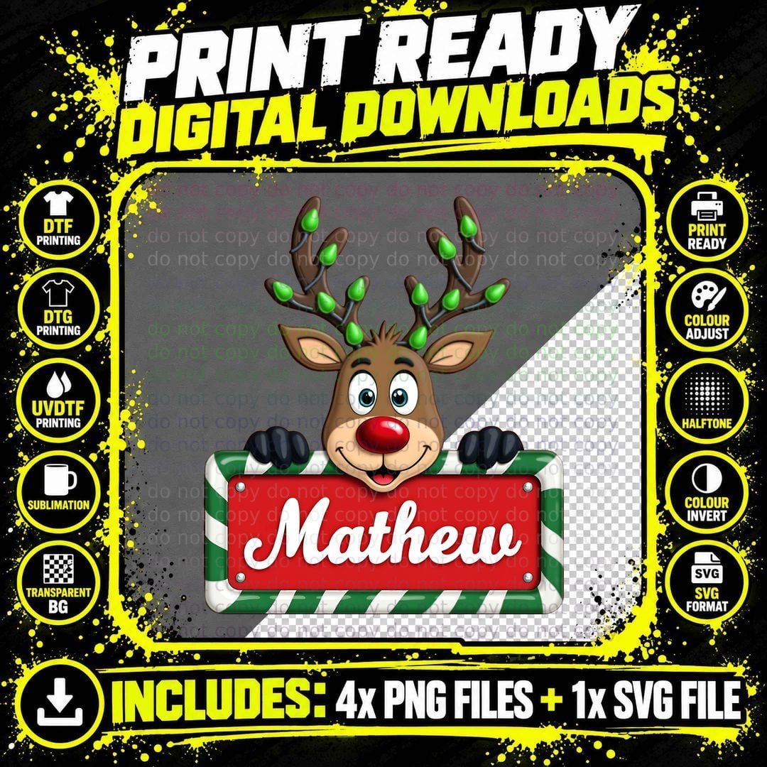 Mathew Custom Reindeer Peeking Christmas Lights Happy Png SVG Digital Bundle