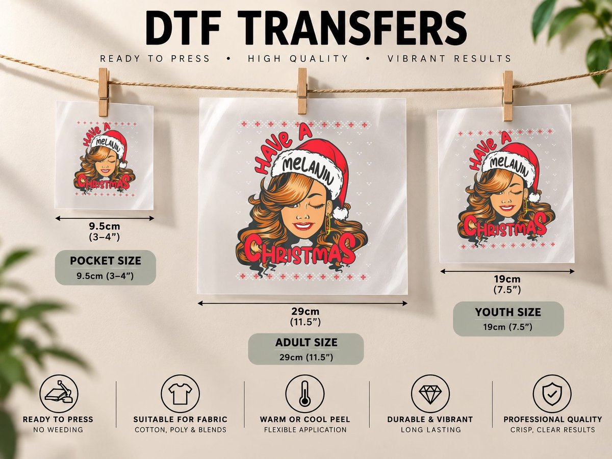 Melanin Christmas Love Black Girl Magic Fun Brown Skin DTF Transfer Iron On