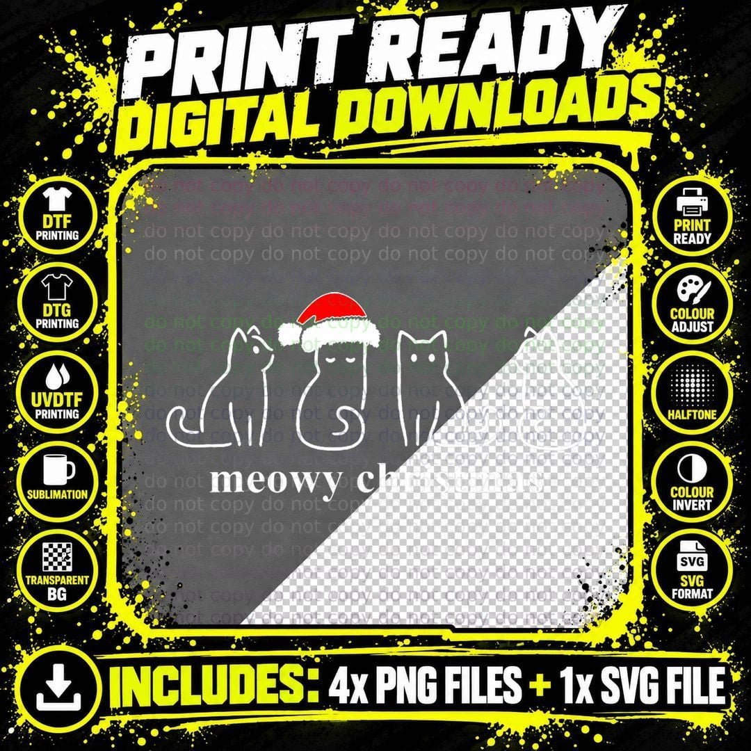Meowy Catmas Cat Christmas Cute Kitten Cats Santa Hat Png SVG Digital Bundle
