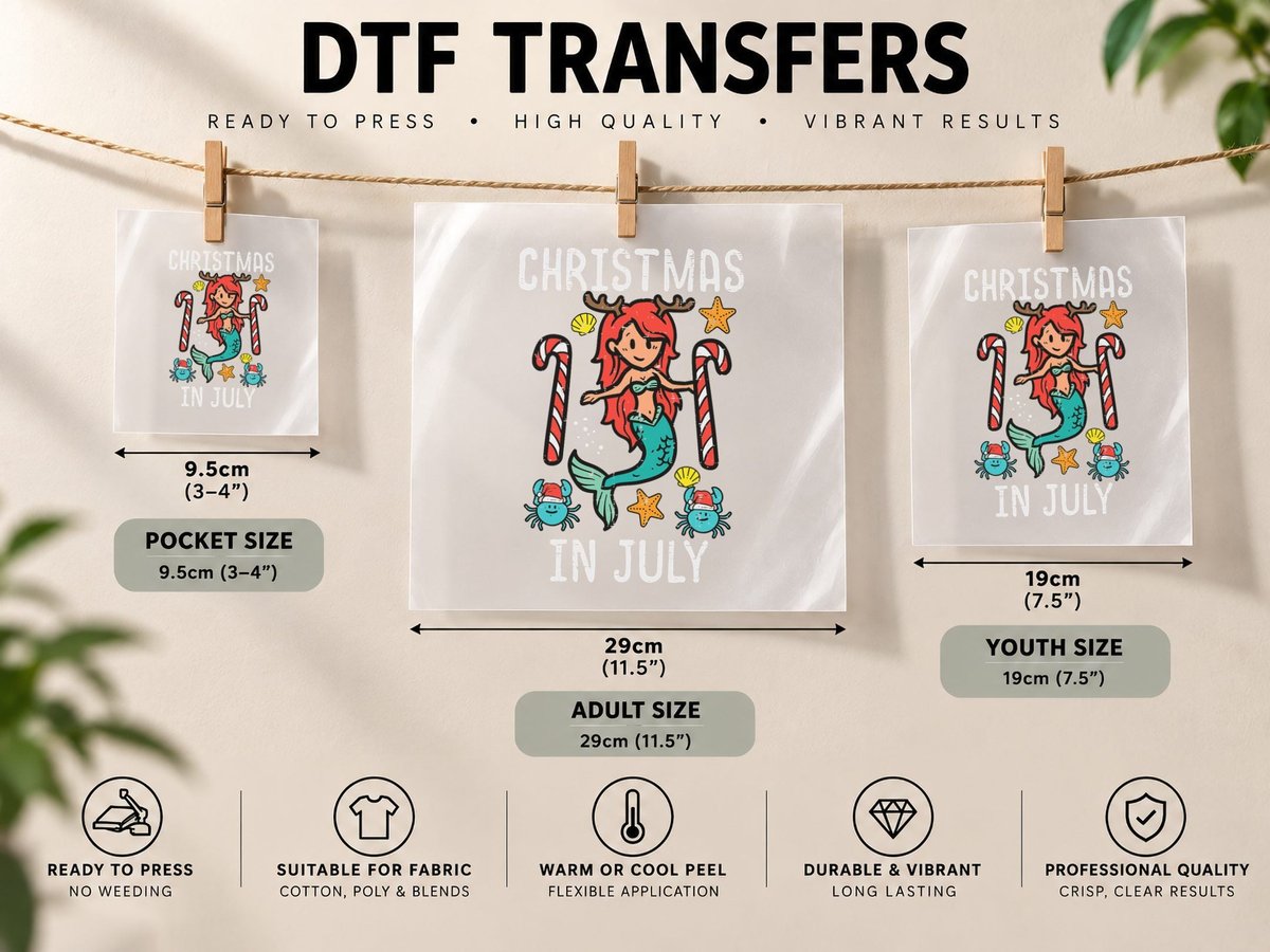 Mermaid Crab Christmas in July Cute Summer Xmas Girls Kids DTF Transfer Iron On