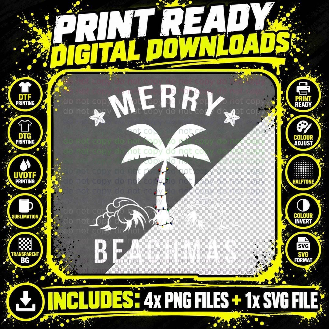 Merry Beachmas Palm Tree Beach Christmas T-Shirt Png SVG Digital Bundle