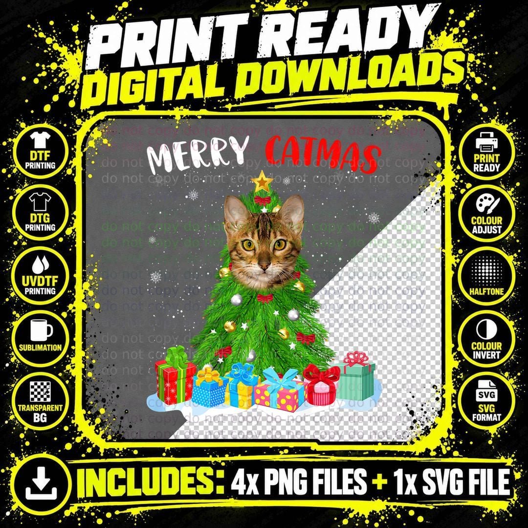 Merry Catmas Funny Bengal Cat Lover Christmas Tree Png SVG Digital Bundle