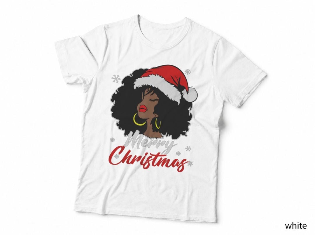 Merry Christmas Black Woman Afro Santa Hat Gold Hoops T-Shirt