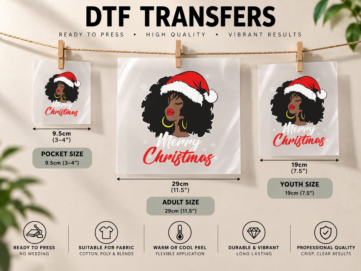 Merry Christmas Black Woman Afro Santa Hat Gold Hoops DTF Transfer Iron On