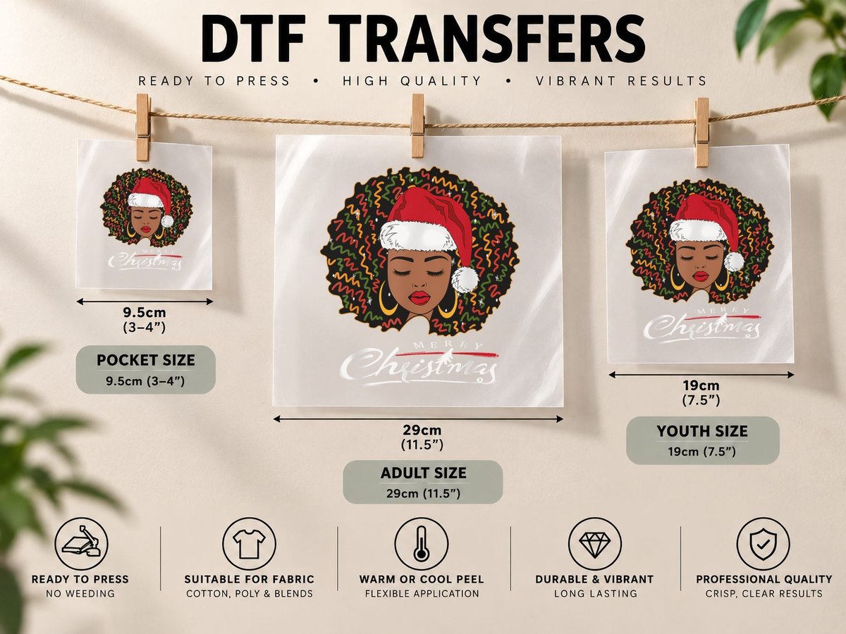 Merry Christmas Black Woman Festive Afro Santa Hat DTF Transfer Iron On