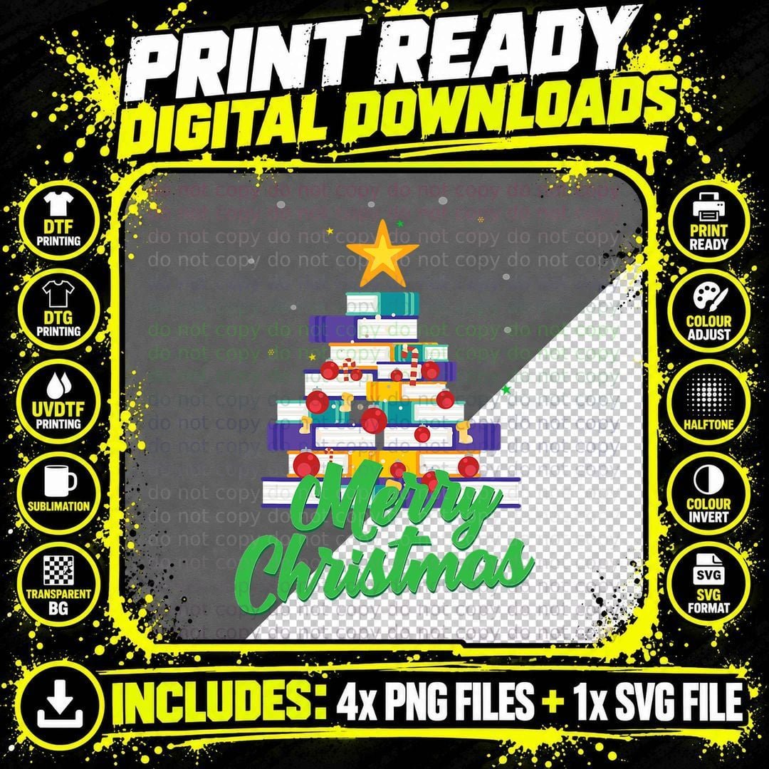 Merry Christmas Funny Library Xmas Tree for Book Lovers Png SVG Digital Bundle