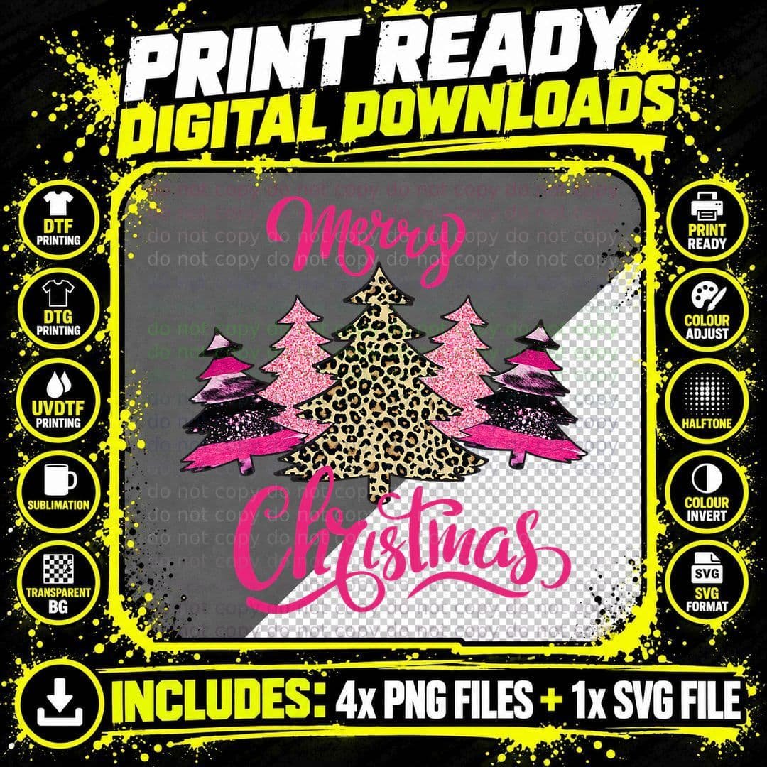 Merry Christmas Girls Pink Tree Christmas Leopard T-Shirt Png SVG Digital Bundle