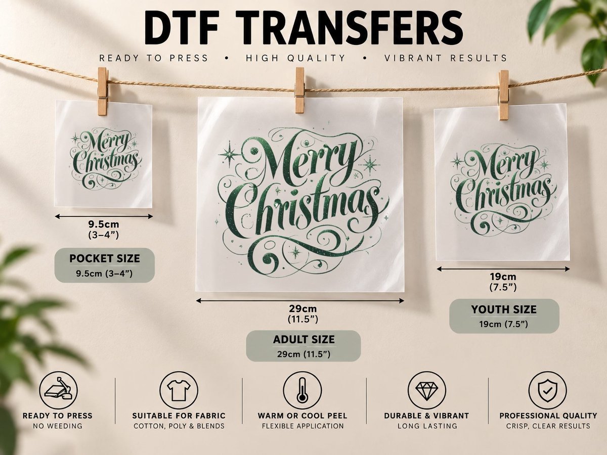Merry Christmas Glitter Green Calligraphy Holiday Script DTF Transfer Iron On