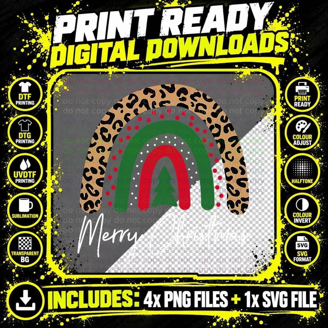 Merry Christmas Leopard Rainbow Pajamas Xmas Teacher Png SVG Digital Bundle