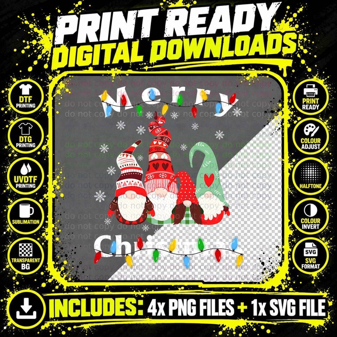 Merry Christmas Light Gnome Pajamas T-Shirt Png SVG Digital Bundle