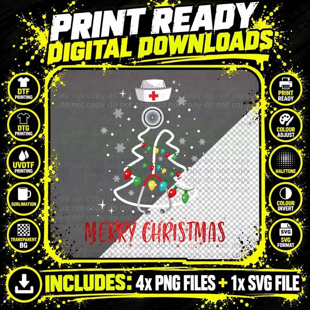 Merry Christmas Nurse Shirt Stethoscope Tree Lights Gift Png SVG Digital Bundle