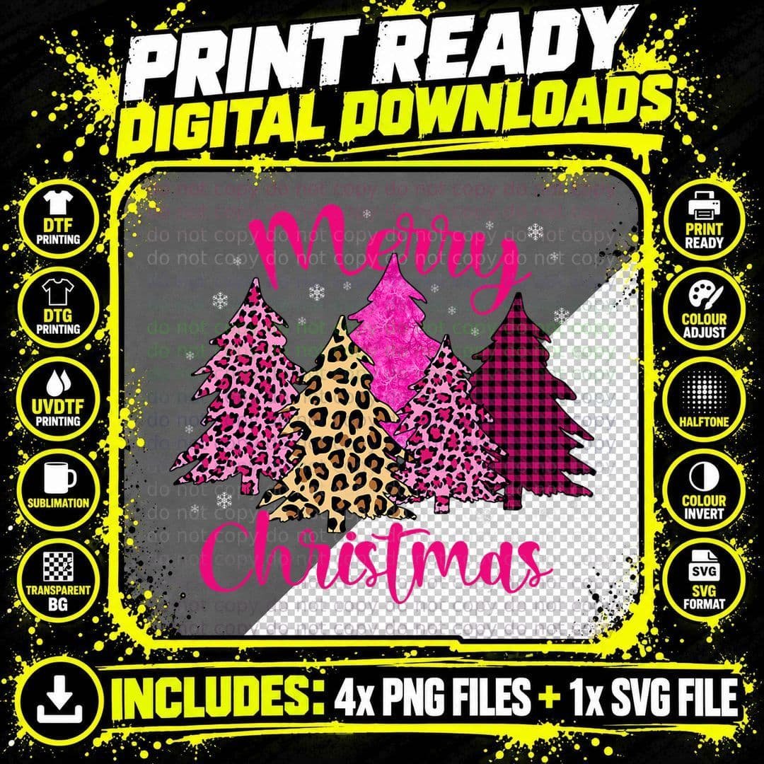 Merry Christmas Tree Pink Xmas Leopard Matching Family Png SVG Digital Bundle