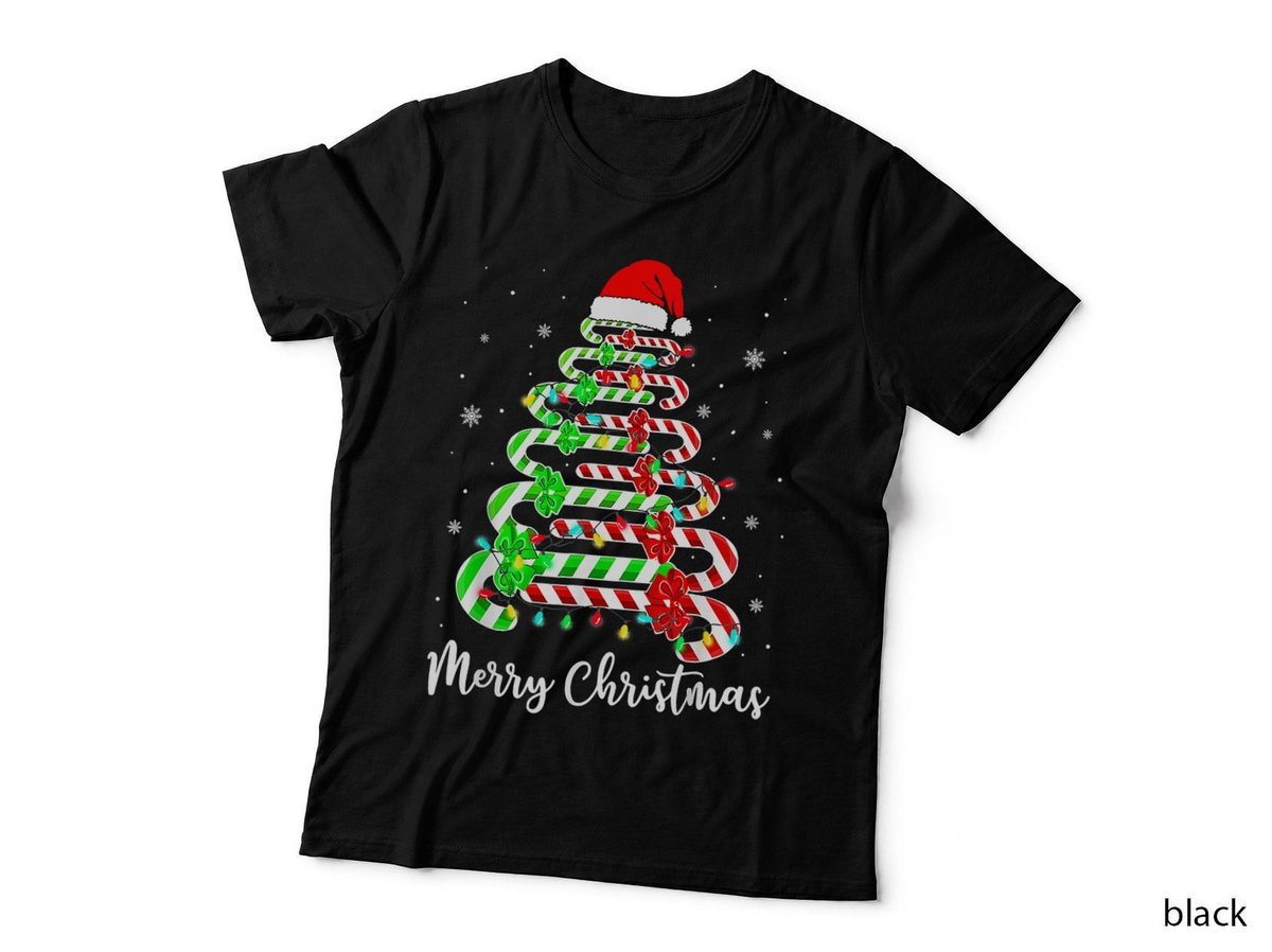 Merry Christmas Tree Santa Hat Candy Cane Girls Women T-Shirt