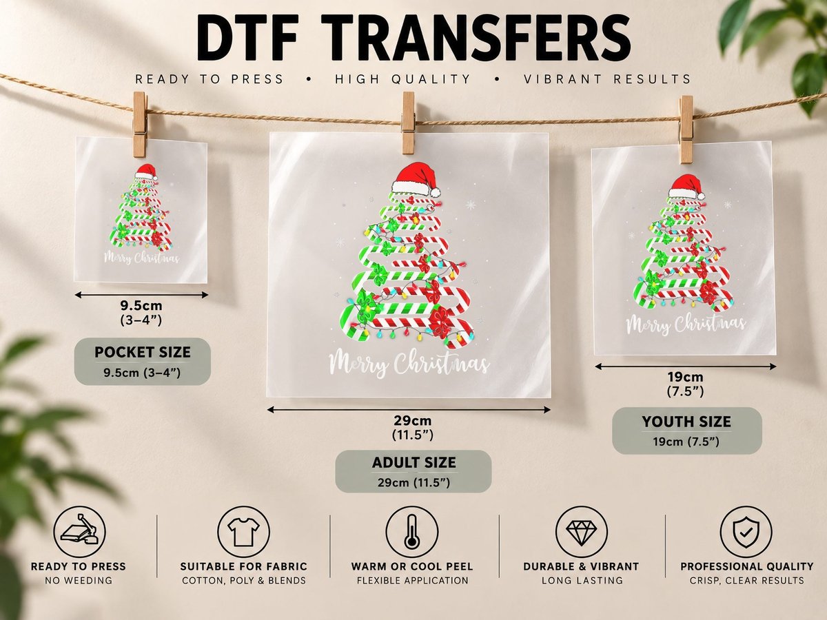 Merry Christmas Tree Santa Hat Candy Cane Girls Women DTF Transfer Iron On