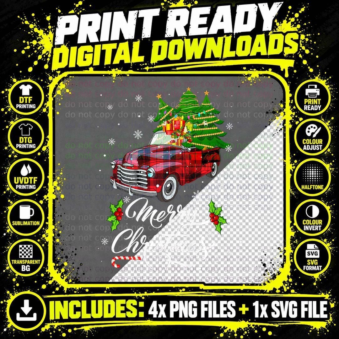 Merry Christmas Vintage Wagon Red Truck Pajama Family Png SVG Digital Bundle