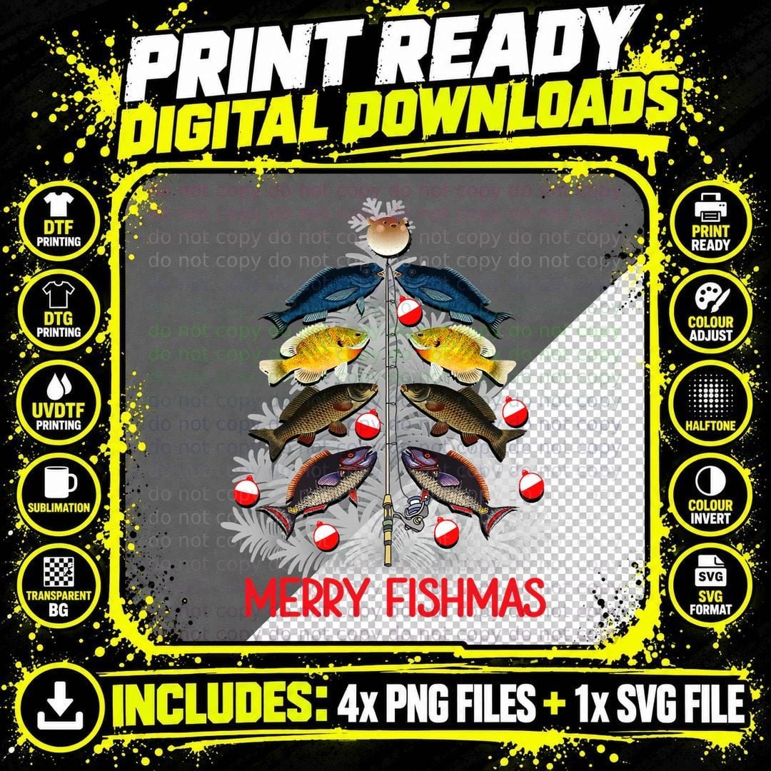 Merry Fishmas Christmas Tree Funny Fishing Lovers Party Png SVG Digital Bundle