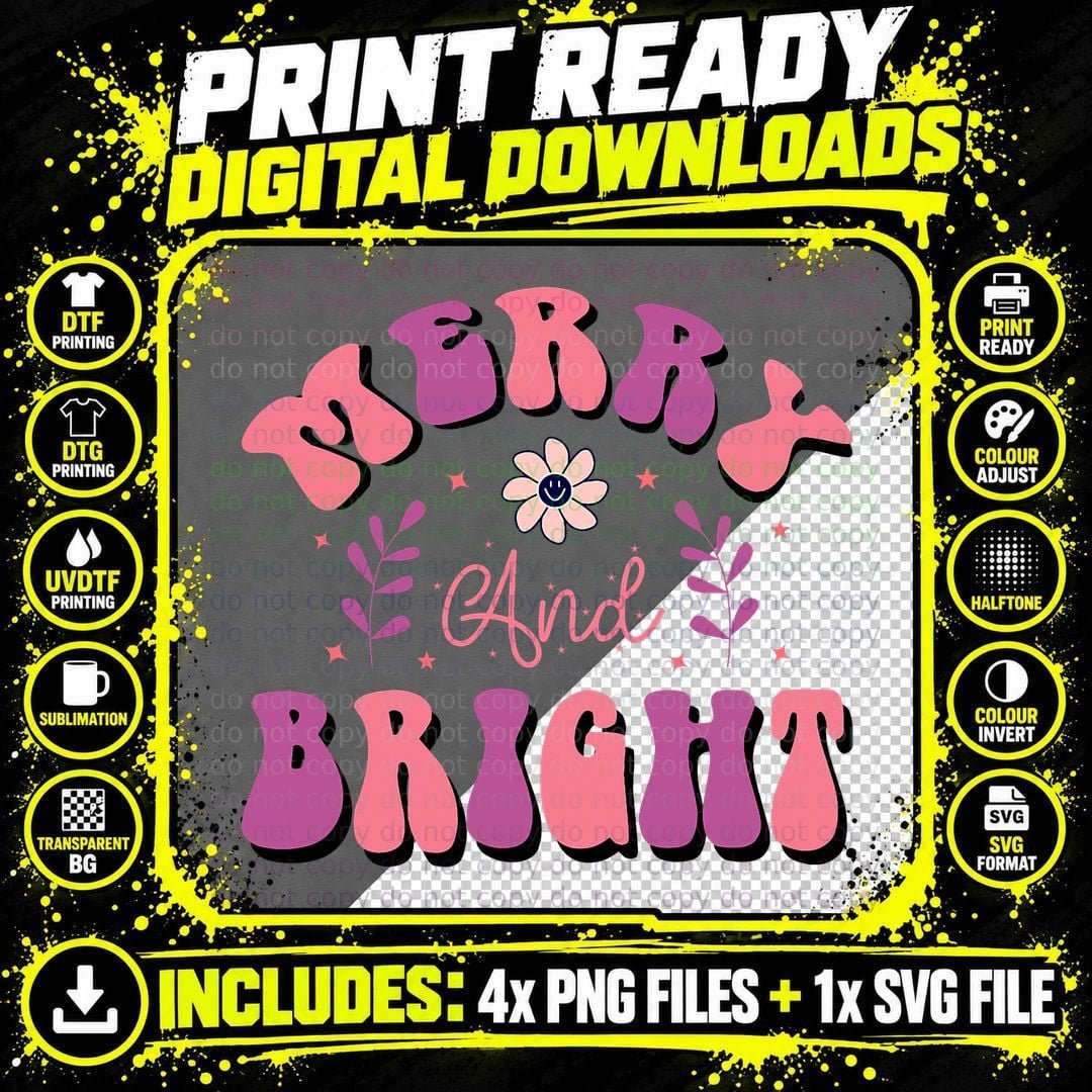 Merry and Bright Vintage Retro Christmas Women T-Shirt Png SVG Digital Bundle