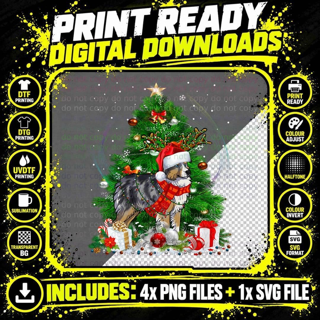 Miniature Australian Shepherd Christmas Tree Light Png SVG Digital Bundle