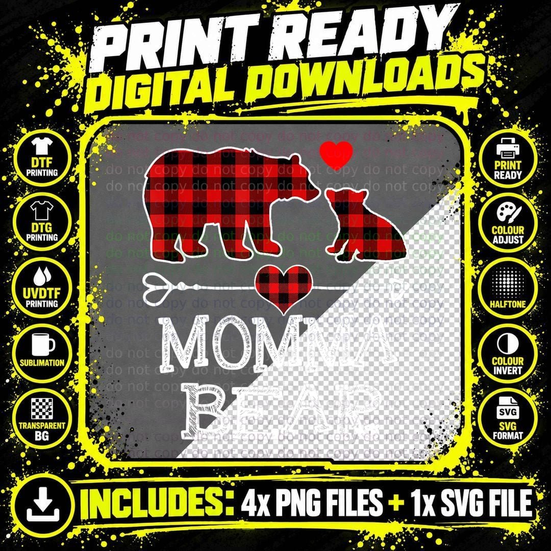 Momma Bear Christmas Pajama Red Plaid Buffalo Family Png SVG Digital Bundle