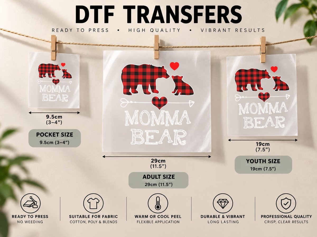 Momma Bear Christmas Pajama Red Plaid Buffalo Family Gift DTF Transfer Iron On