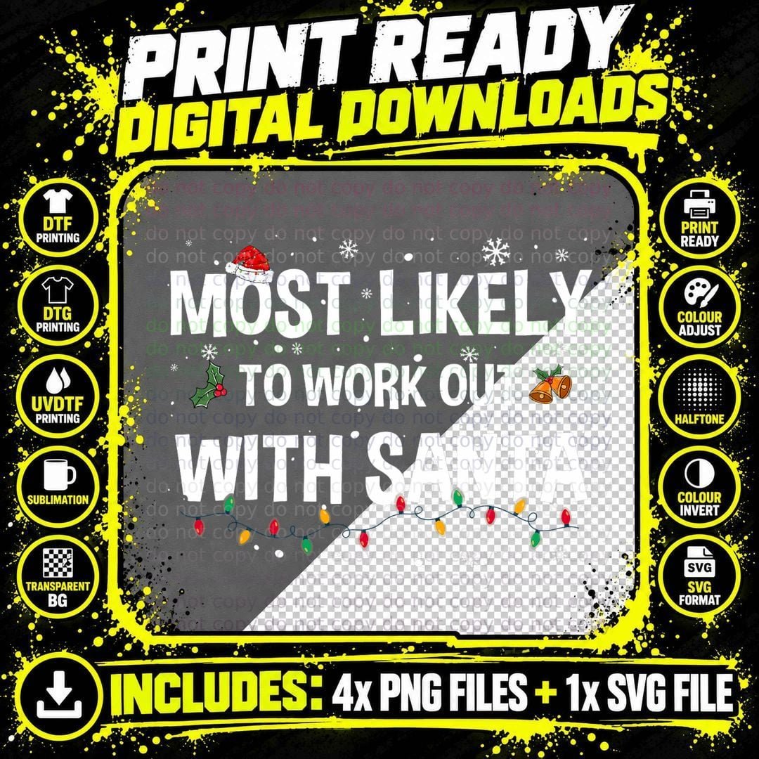 Most Likely to Work Out with Santa Yoga Gym Christmas Png SVG Digital Bundle