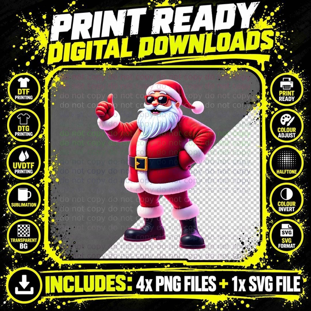 Neon Santa Thumbs up Cartoon Christmas Fun Holiday Png SVG Digital Bundle