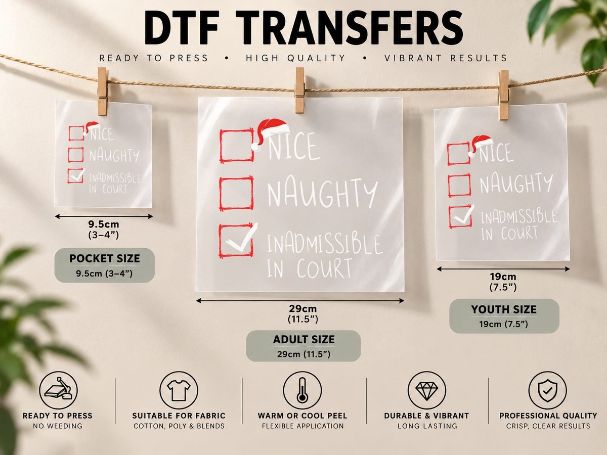 Nice Naughty Inadmissible in Court Christmas Santa Claus DTF Transfer Iron On