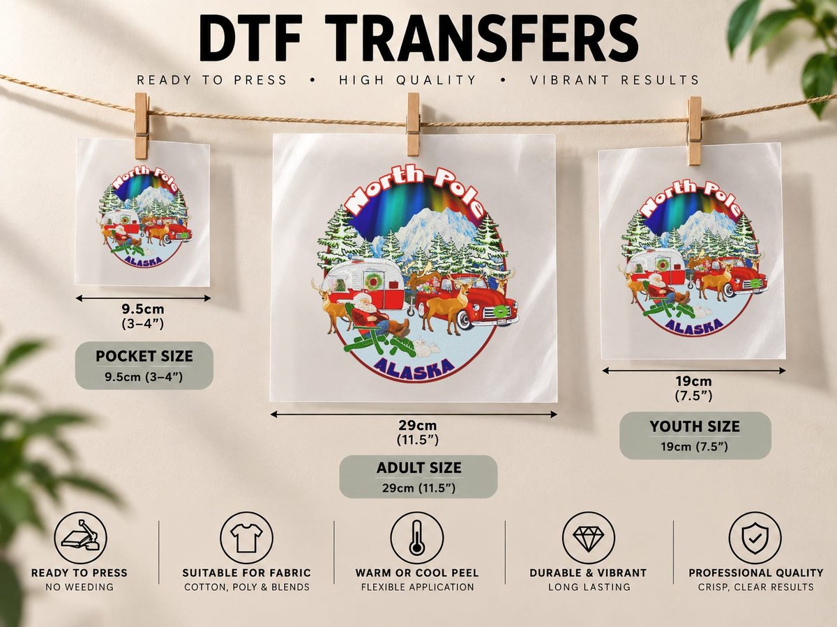 North Pole Alaska Camping Santa Aurora Borealis Souvenir DTF Transfer Iron On