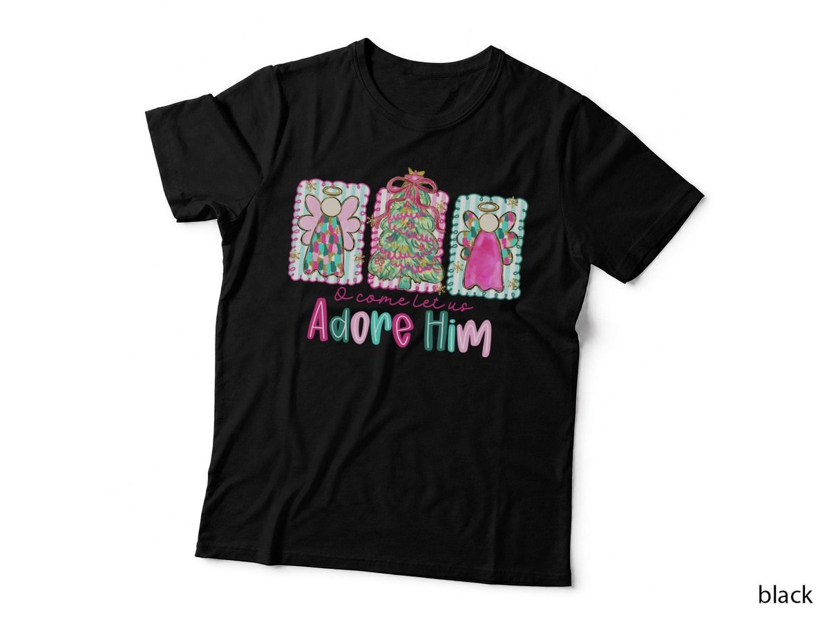 O Come Let Us Adore Him Angels Christmas Tree Preppy Glitter T-Shirt