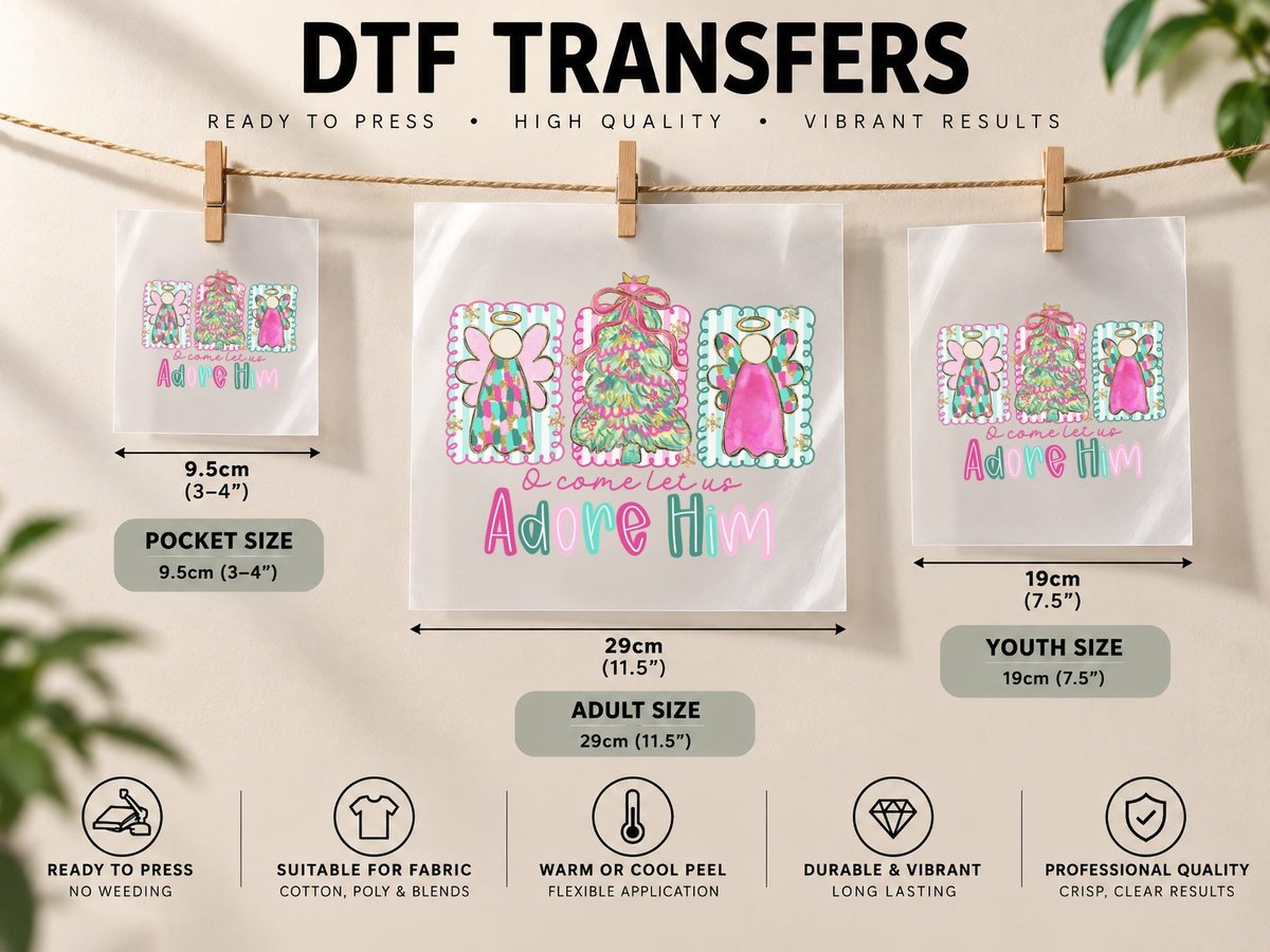 O Come Let Us Adore Him Angels Christmas Tree Preppy DTF Transfer Iron On