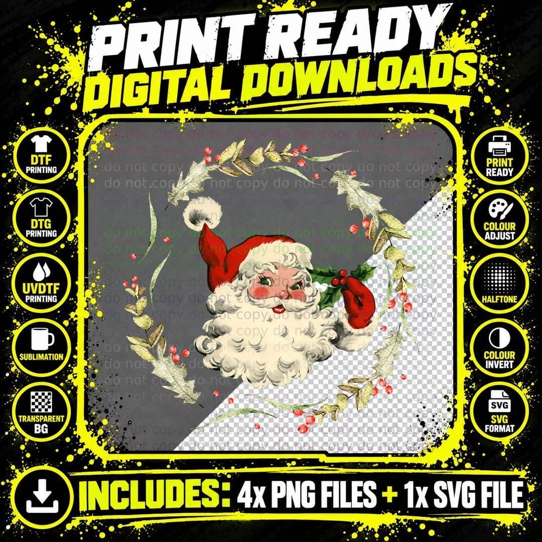 Old Fashioned Santa Claus Face Vintage Christmas Png SVG Digital Bundle