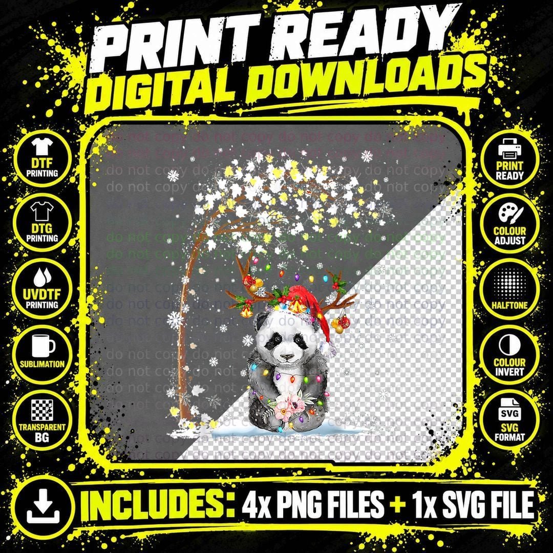 Panda Reindeer Hat Santa Christmas Tree Panda Xmas Png SVG Digital Bundle