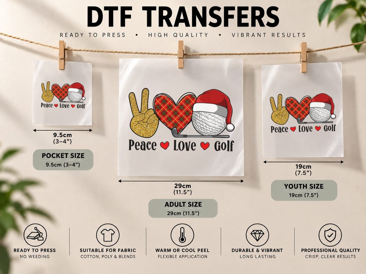 Peace Love Golf Christmas Golf Player Xmas Party, Seasonal DTF Transfer Iron On