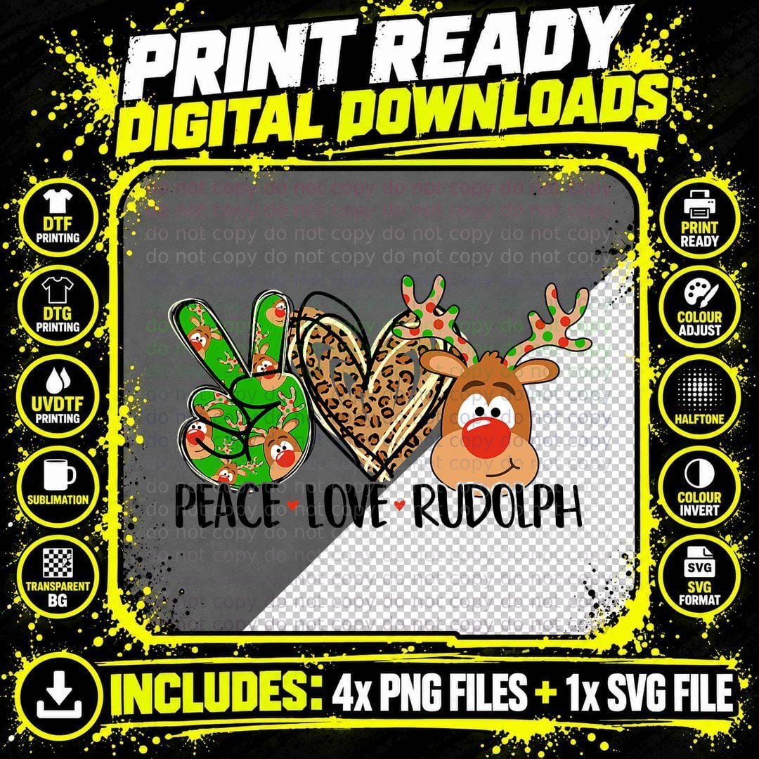 Peace Love Rudolph Reindeer Christmas Xmas Kids Girls Png SVG Digital Bundle