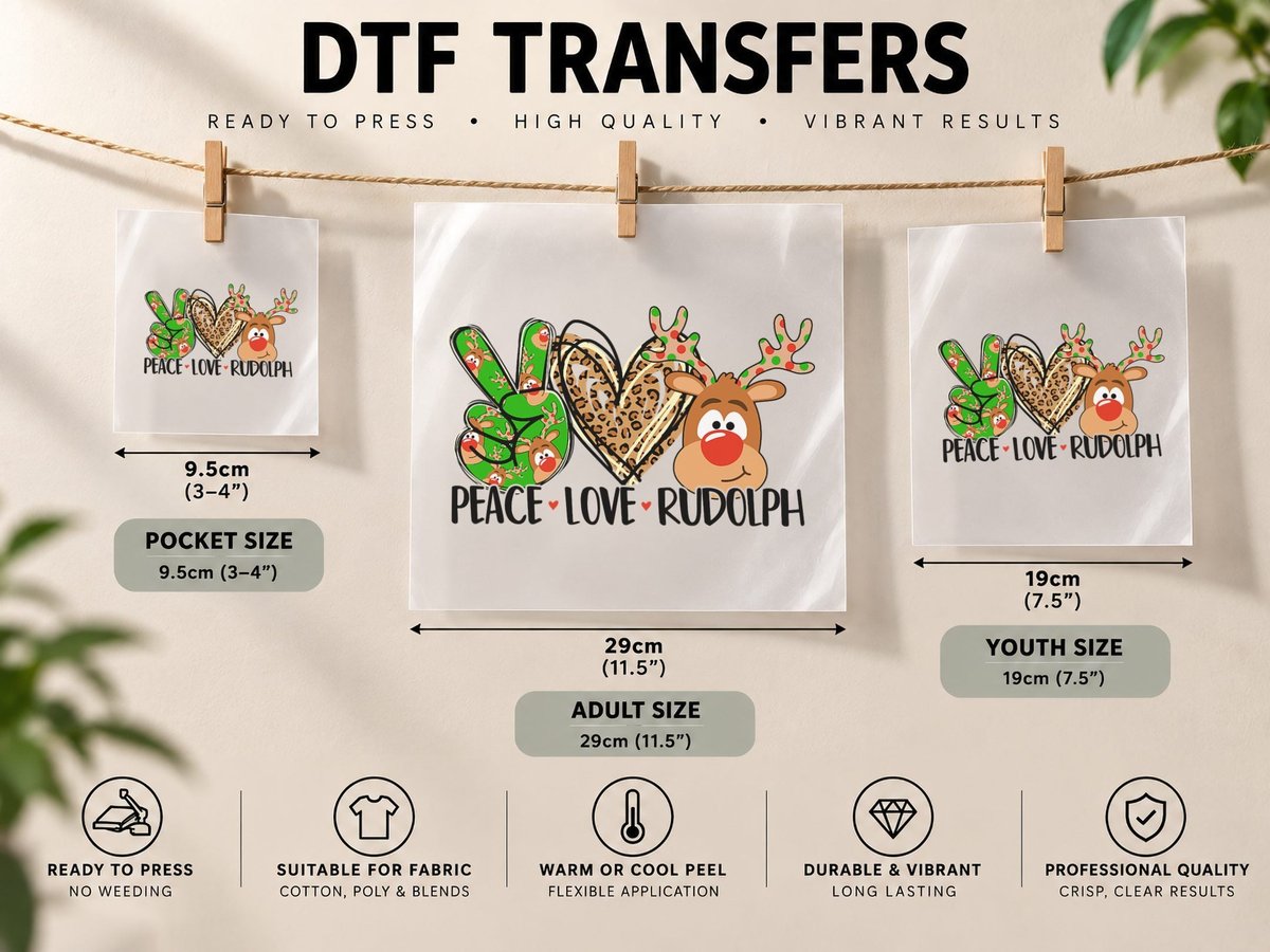 Peace Love Rudolph Reindeer Christmas Xmas Kids Girls DTF Transfer Iron On