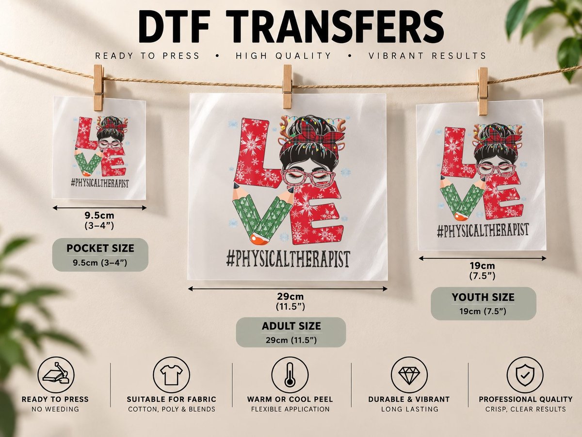 Physical Therapist Love Christmas Woman Messy Bun Reindeer DTF Transfer Iron On