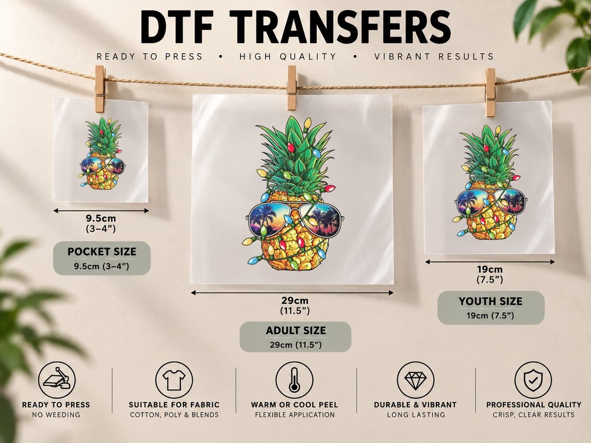Pineapple Christmas Tree Lights Xmas Boys Men Sunglasses DTF Transfer Iron On