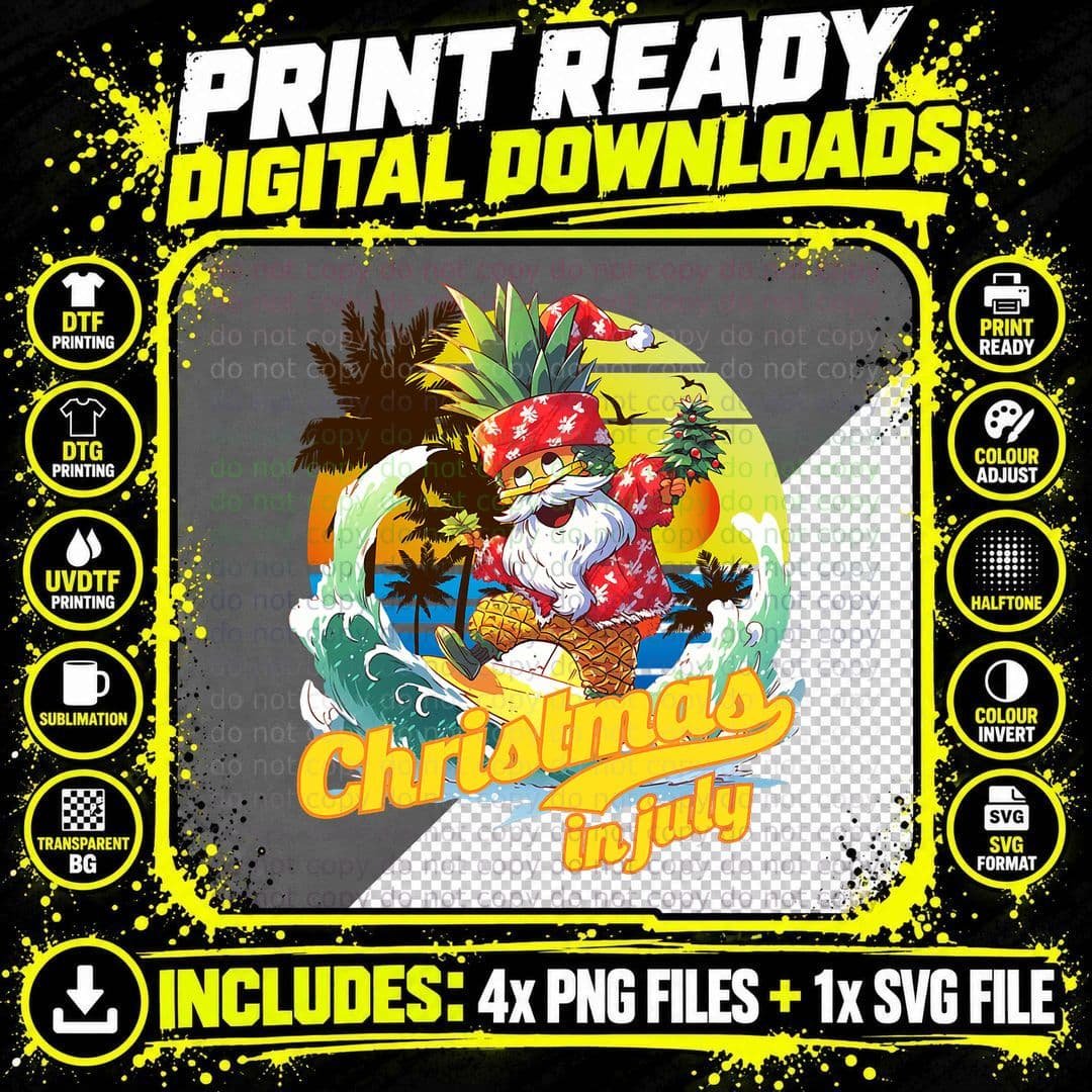 Pineapple Surfing Beach Vintage, Christmas in July Png SVG Digital Bundle