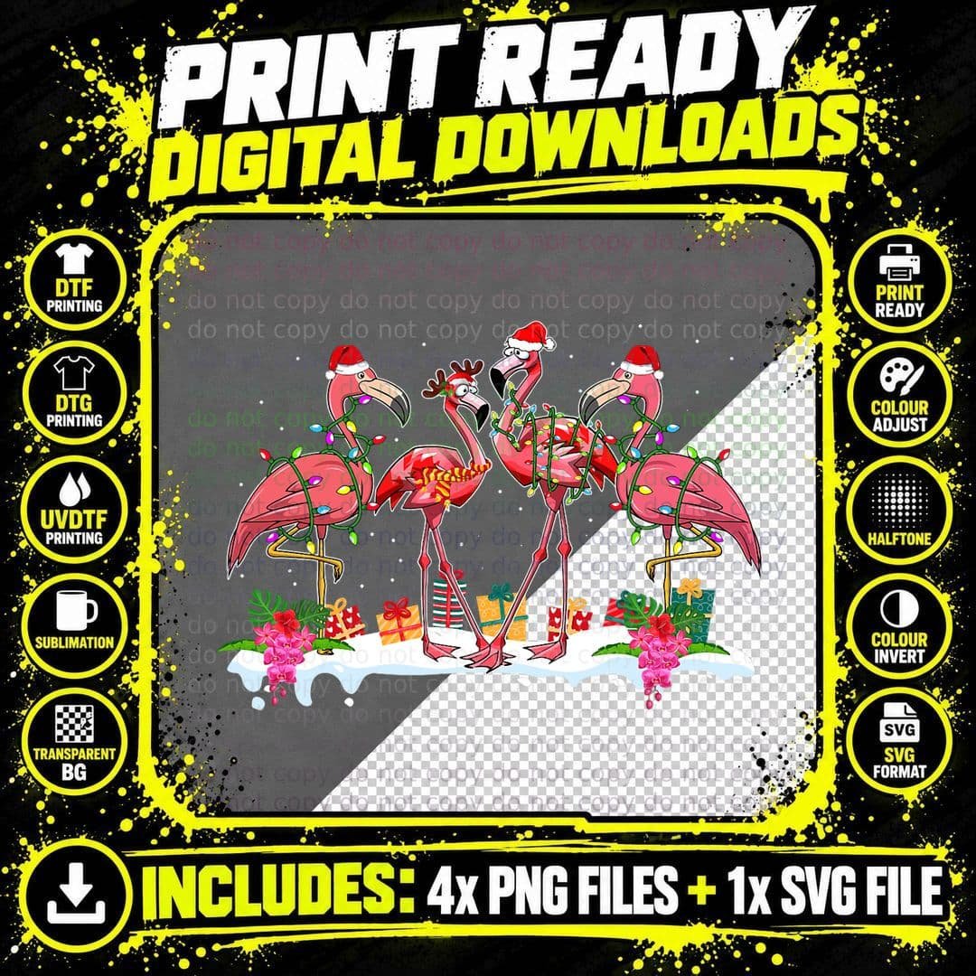 Pink Flamingo Christmas Lighting Xmas Tree Santa Hat Png SVG Digital Bundle