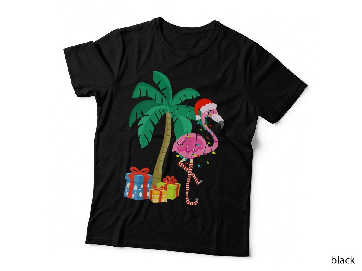 Pink Flamingo Christmas Palm Tree Tropical Xmas Funny T-Shirt