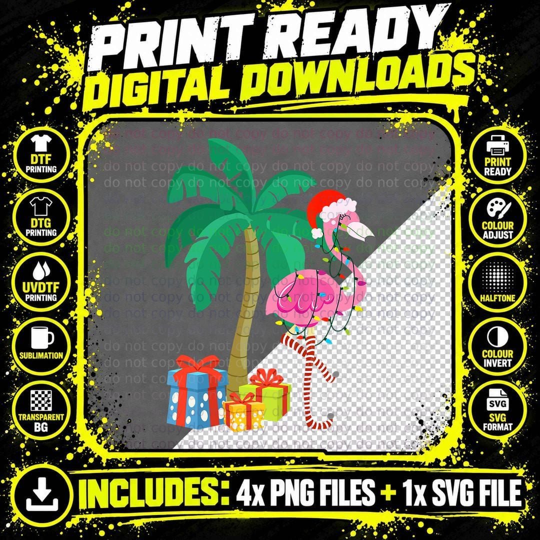 Pink Flamingo Christmas Palm Tree Tropical Xmas Funny Png SVG Digital Bundle
