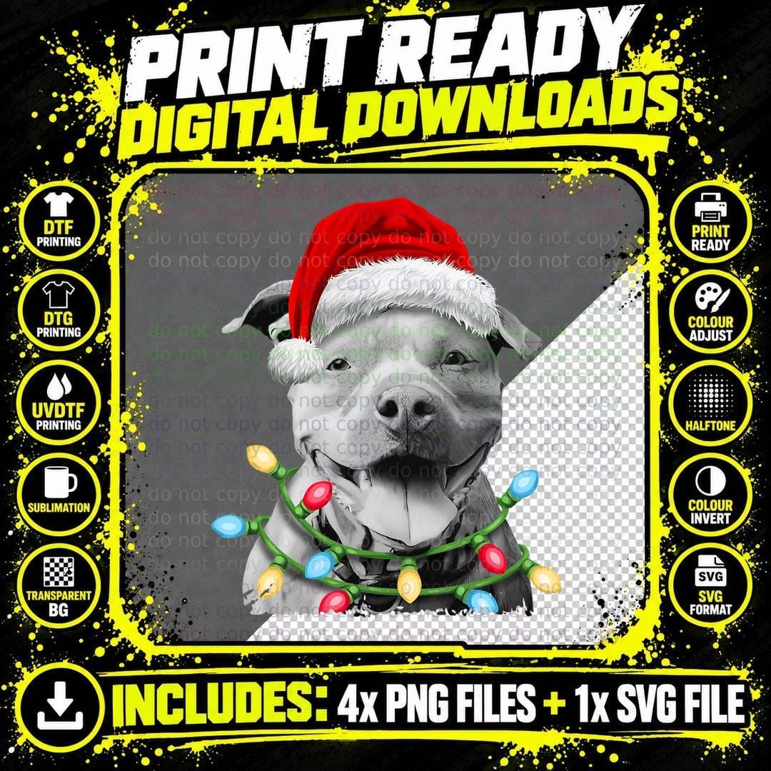 Pit Bull Santa Christmas Tree Lights Xmas Boys Dog Png SVG Digital Bundle