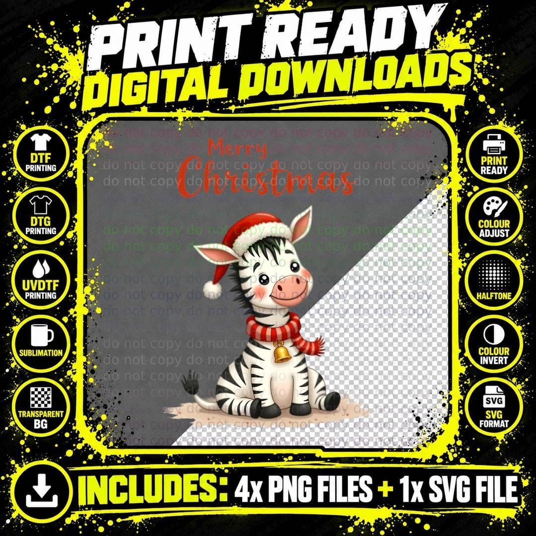 Playful Zebra in Santa Hat Christmas Xmas Winter 3 Png SVG Digital Bundle