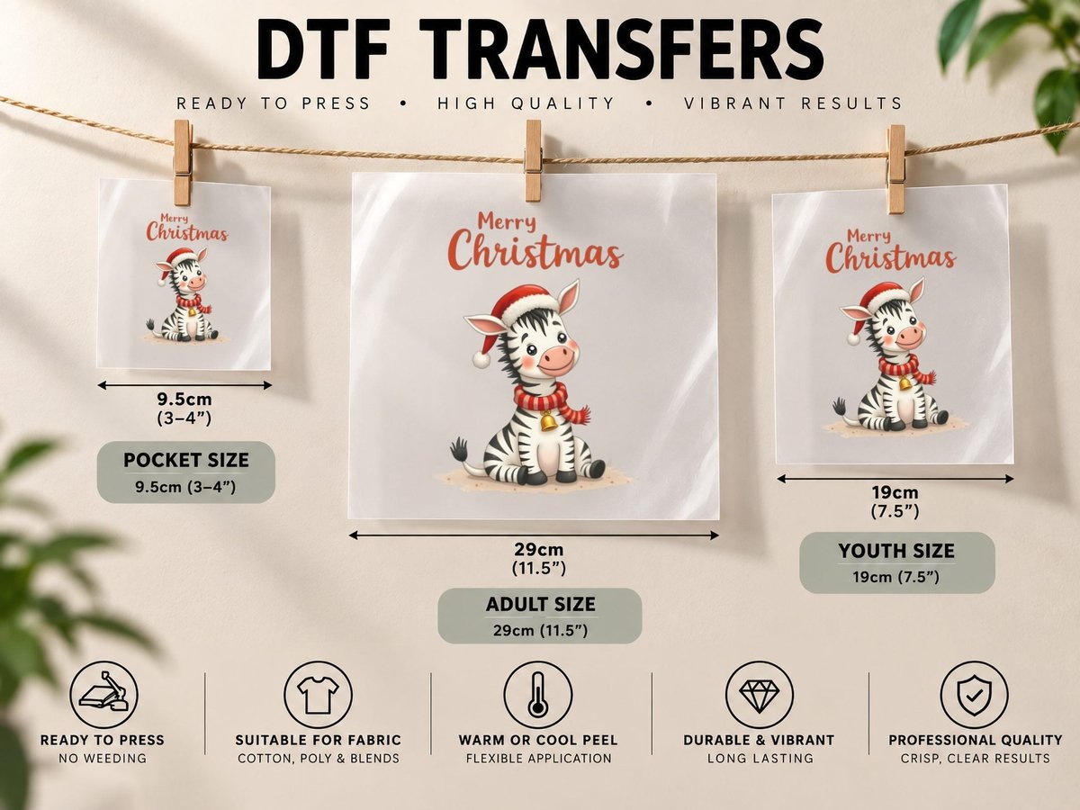 Playful Zebra in Santa Hat Christmas Xmas Winter 3 DTF Transfer Iron On