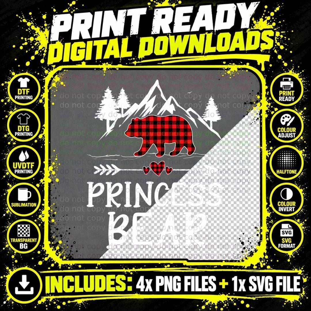 Princess Bear Christmas Pajama Red Plaid Buffalo Png SVG Digital Bundle