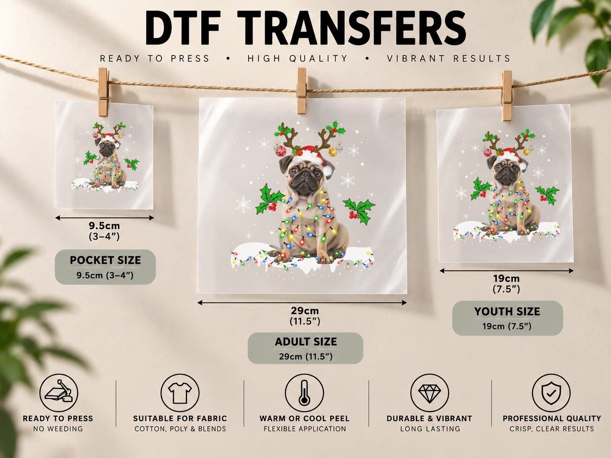 Pug Dog Lover Xmas Light Santa Pug Christmas DTF Transfer Iron On