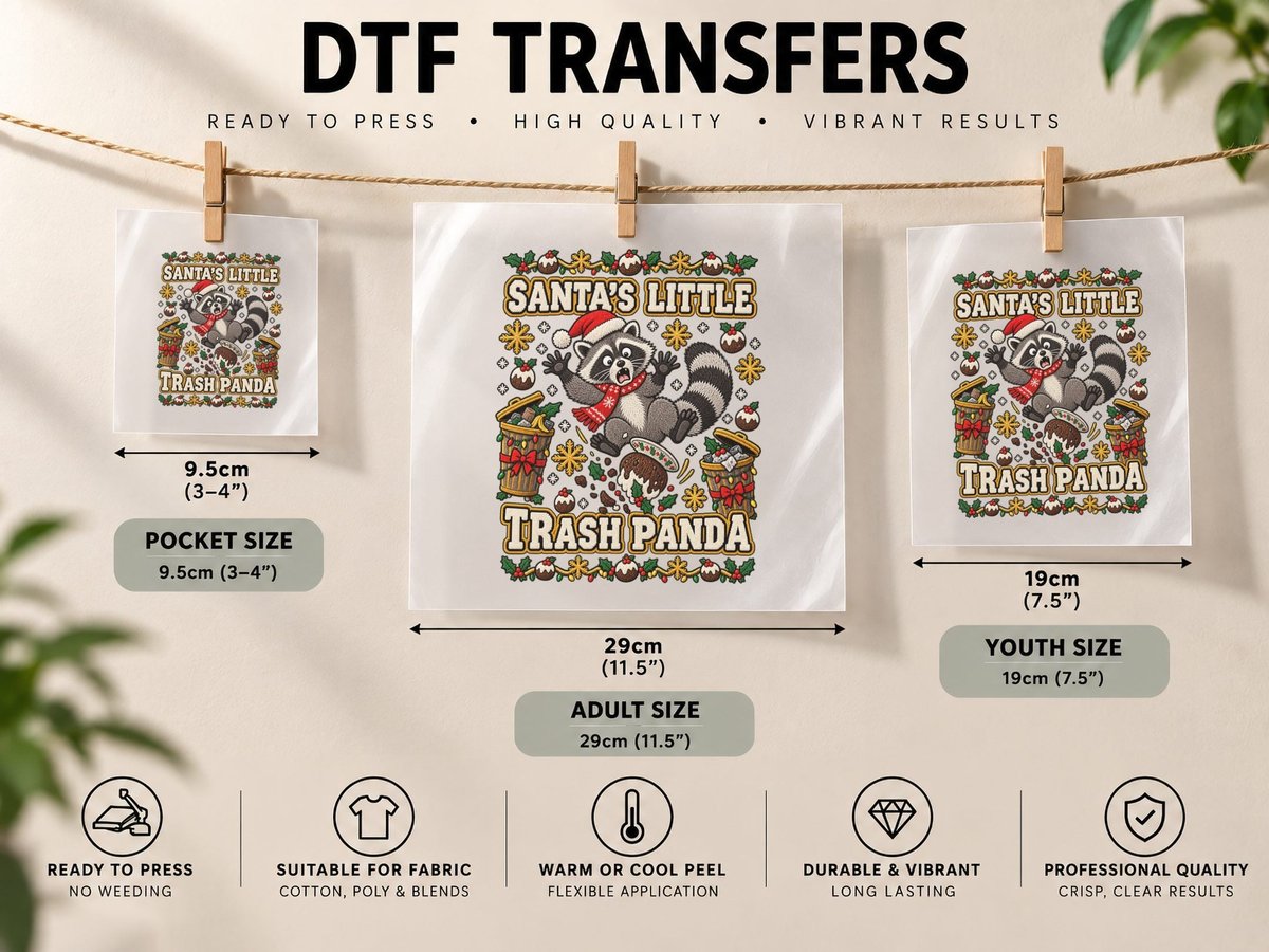 Raccoon Christmas Funny Holiday Santa Little Trash Panda DTF Transfer Iron On