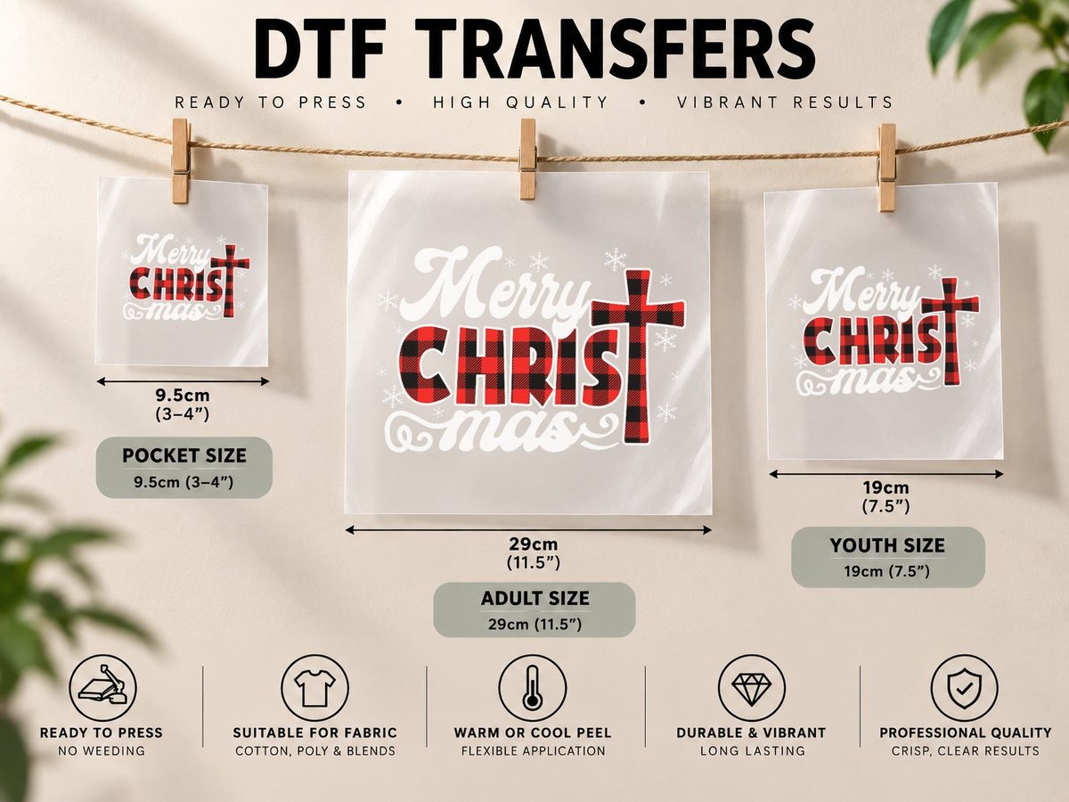 Red Buffalo Plaid Cross Merry Christmas Xmas Holiday DTF Transfer Iron On