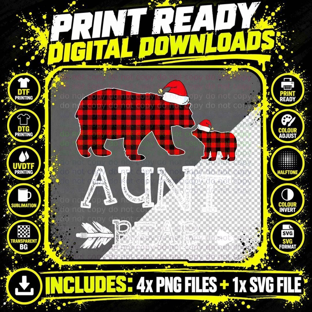 Red Plaid Buffalo Aunt Bear Christmas Pajama Family Png SVG Digital Bundle