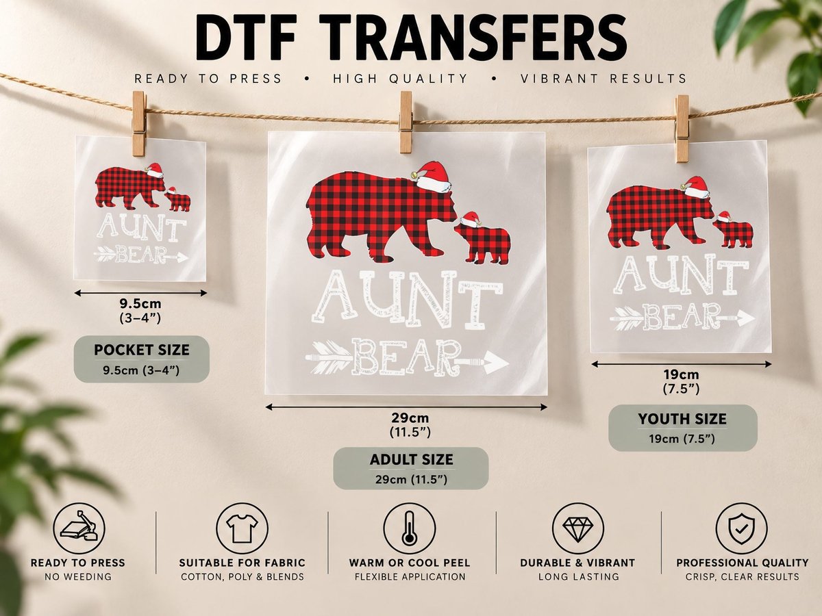 Red Plaid Buffalo Aunt Bear Christmas Pajama Family DTF Transfer Iron On